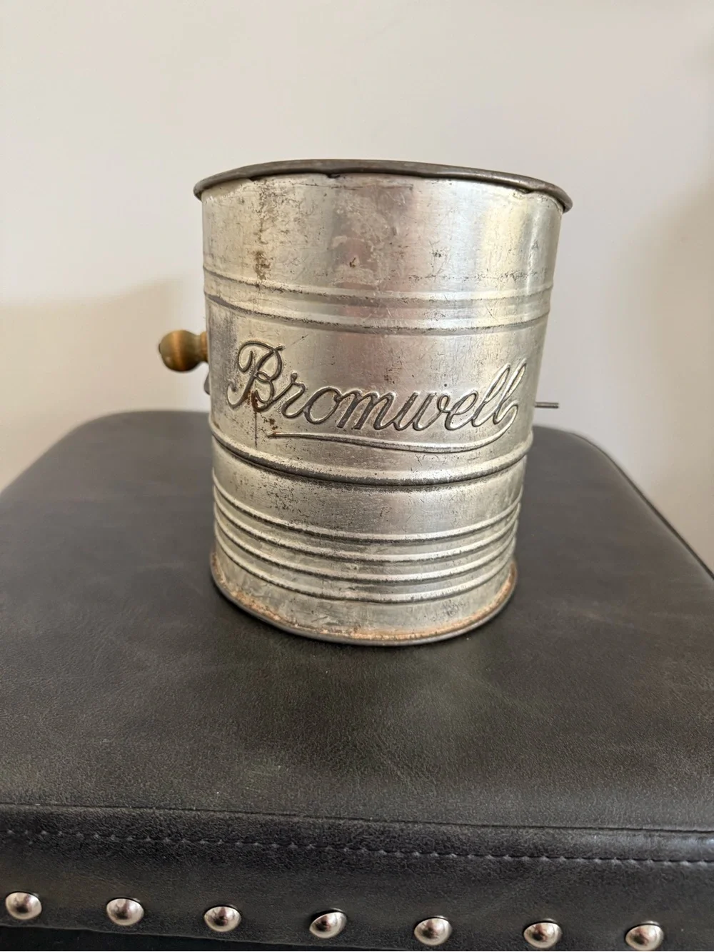 Vintage Bromwell Hand Flour Sifter with Green Wooden Handle